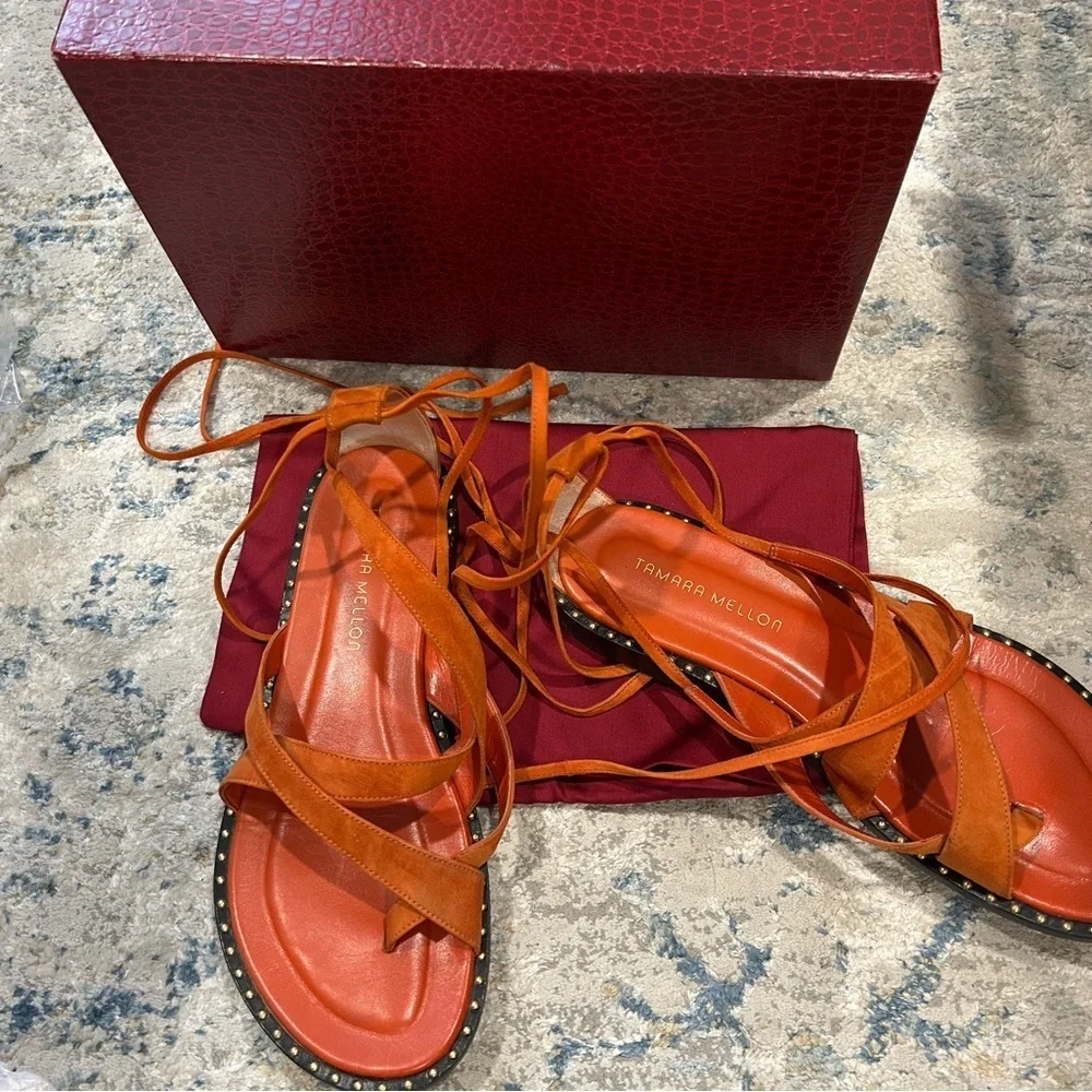 Tamara Mellon Geo 10 Suede Lace-Up Sandals – Orange – Size 39 (US 8.5) Worn Once
